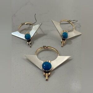 VINTAGE Artisan 925 Sterling & Gold Turquoise Pendant & Earring Set Southwestern